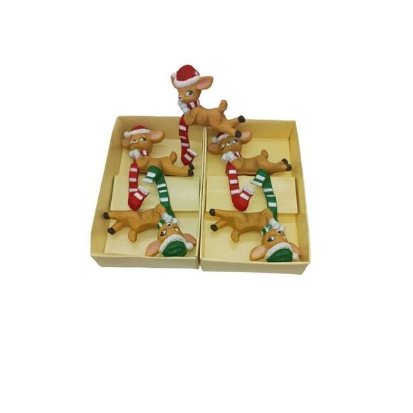 Lot Of 5 Vintage Winking Deer Figurine Christmas Stocking Holders - Picture 4 of 8
